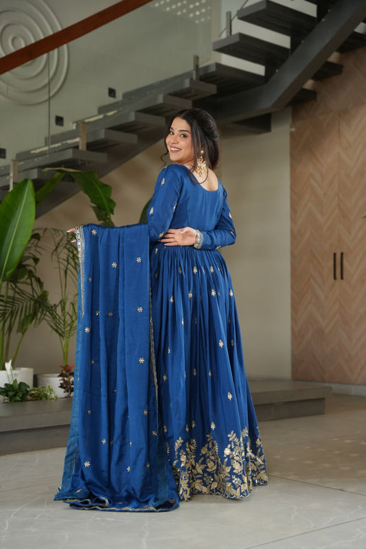 Blue Embroidery Zari Sequins Round Neck Work Gown