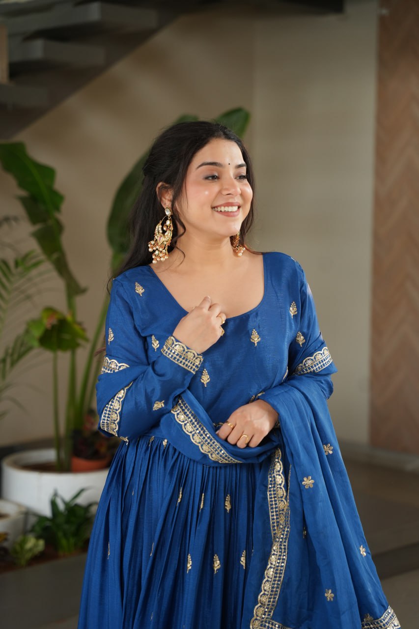 Blue Embroidery Zari Sequins Round Neck Work Gown
