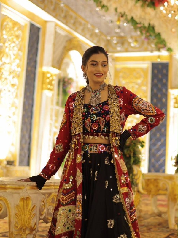 Black & Maroon Heavy Muslin Cotton Real Mirror Work Navratri Lehenga Choli Set with Shrug Jacket