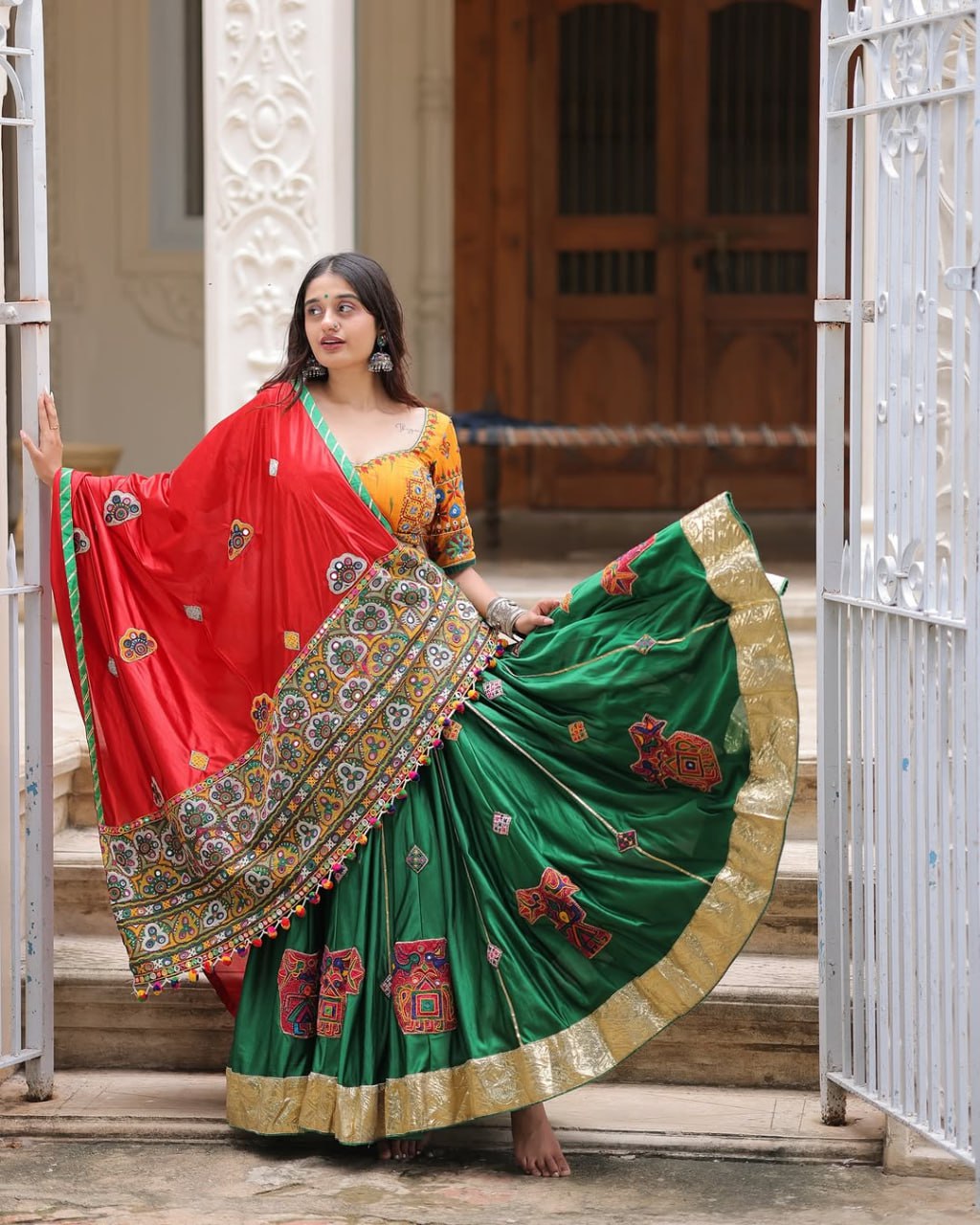 Yellow Green Fancy Digital Print Real Mirror Work Navaratri Lehenga Choli