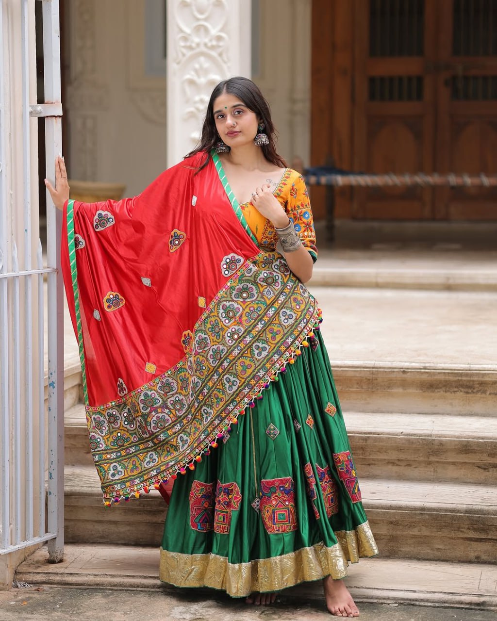 Yellow Green Fancy Digital Print Real Mirror Work Navaratri Lehenga Choli