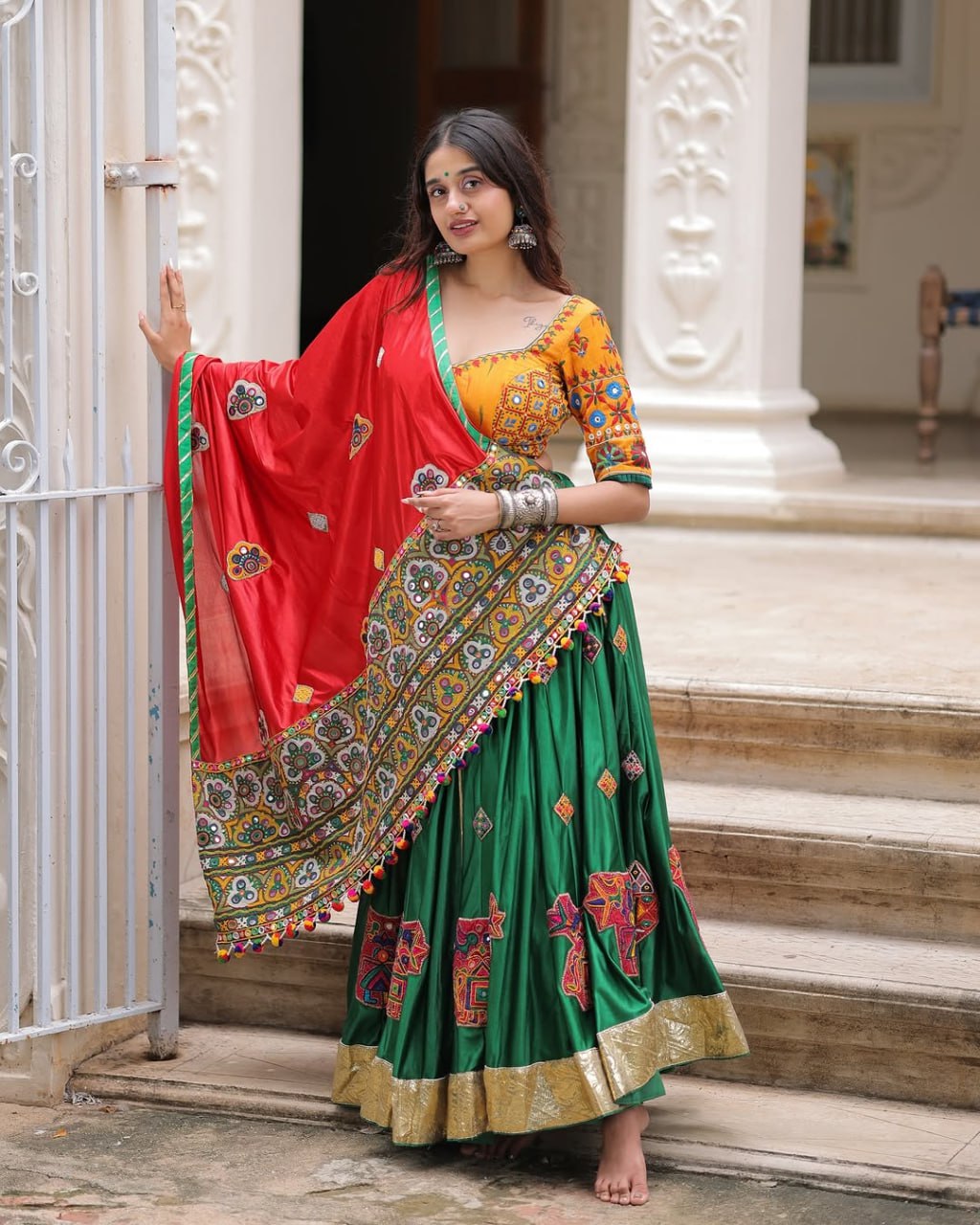 Yellow Green Fancy Digital Print Real Mirror Work Navaratri Lehenga Choli