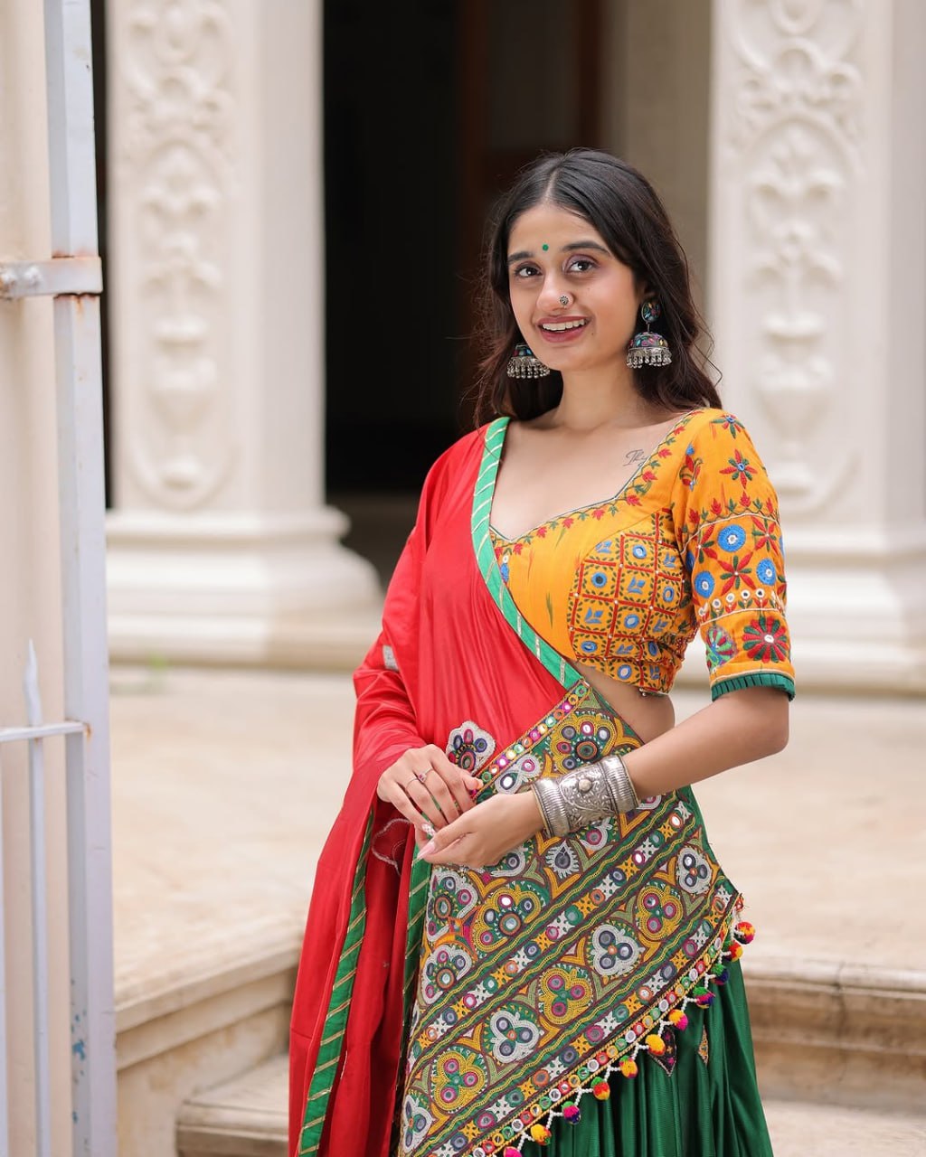 Yellow Green Fancy Digital Print Real Mirror Work Navaratri Lehenga Choli