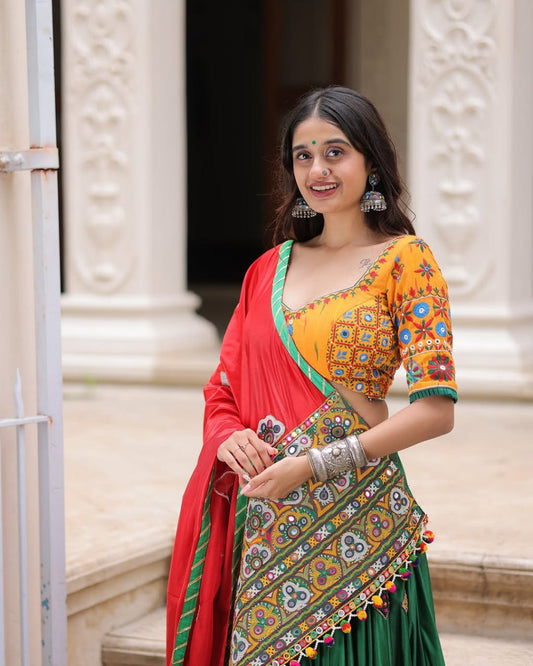 Yellow Green Fancy Digital Print Real Mirror Work Navaratri Lehenga Choli