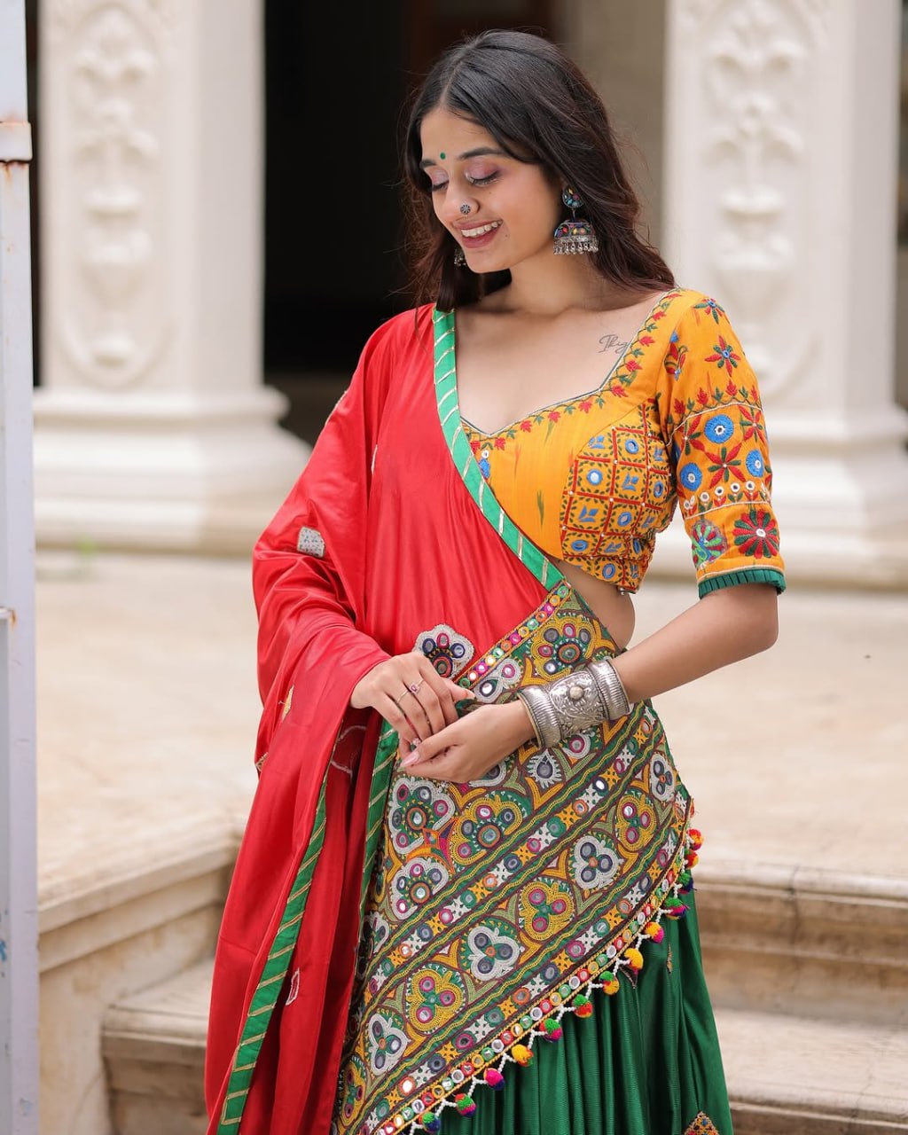 Yellow Green Fancy Digital Print Real Mirror Work Navaratri Lehenga Choli