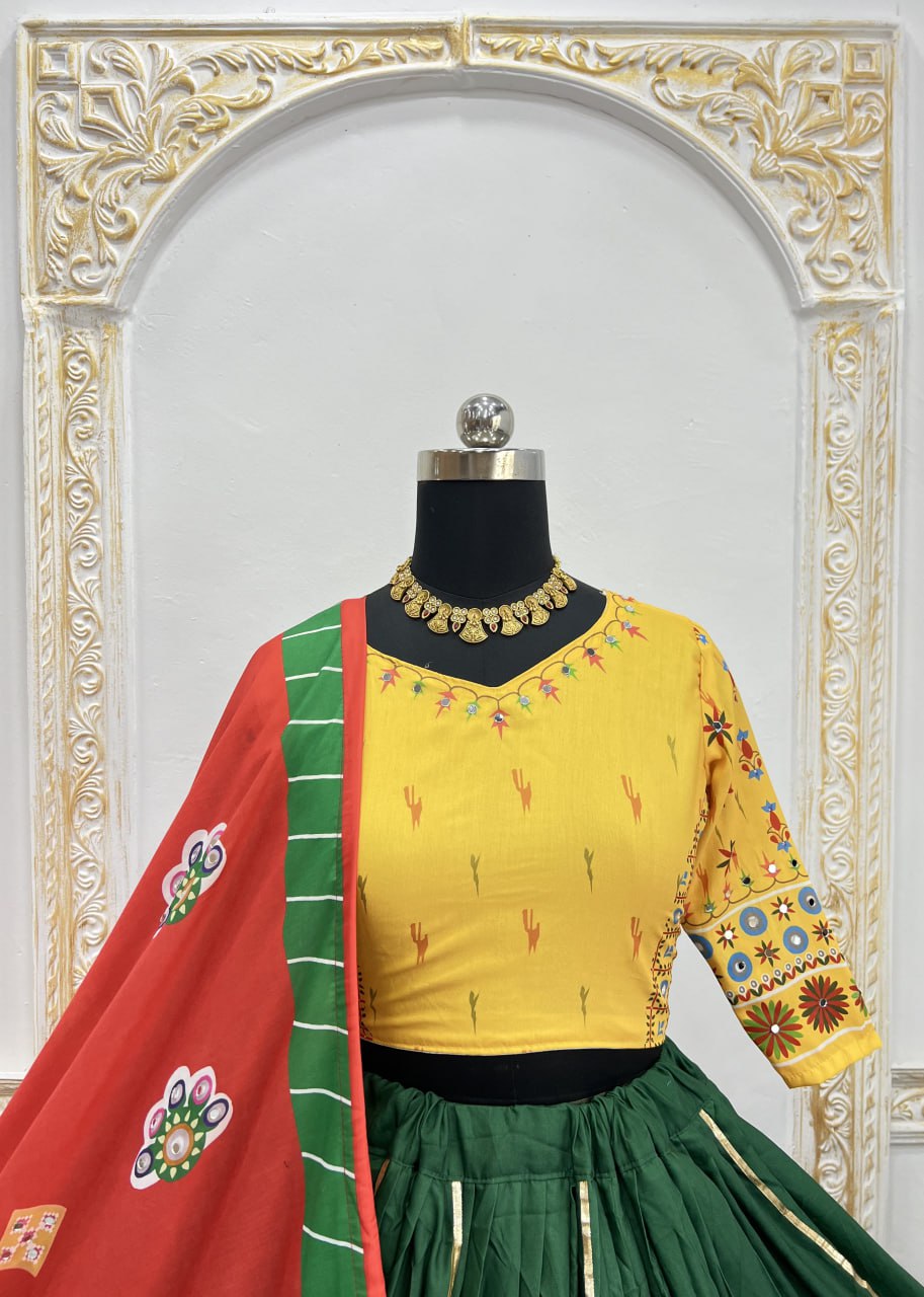 Yellow Green Fancy Digital Print Real Mirror Work Navaratri Lehenga Choli