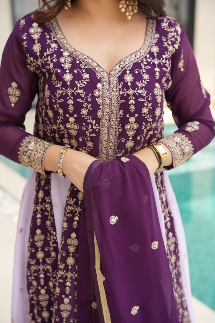 Wine Faux Blooming With Sequins Embroidered Work Luxury Gown