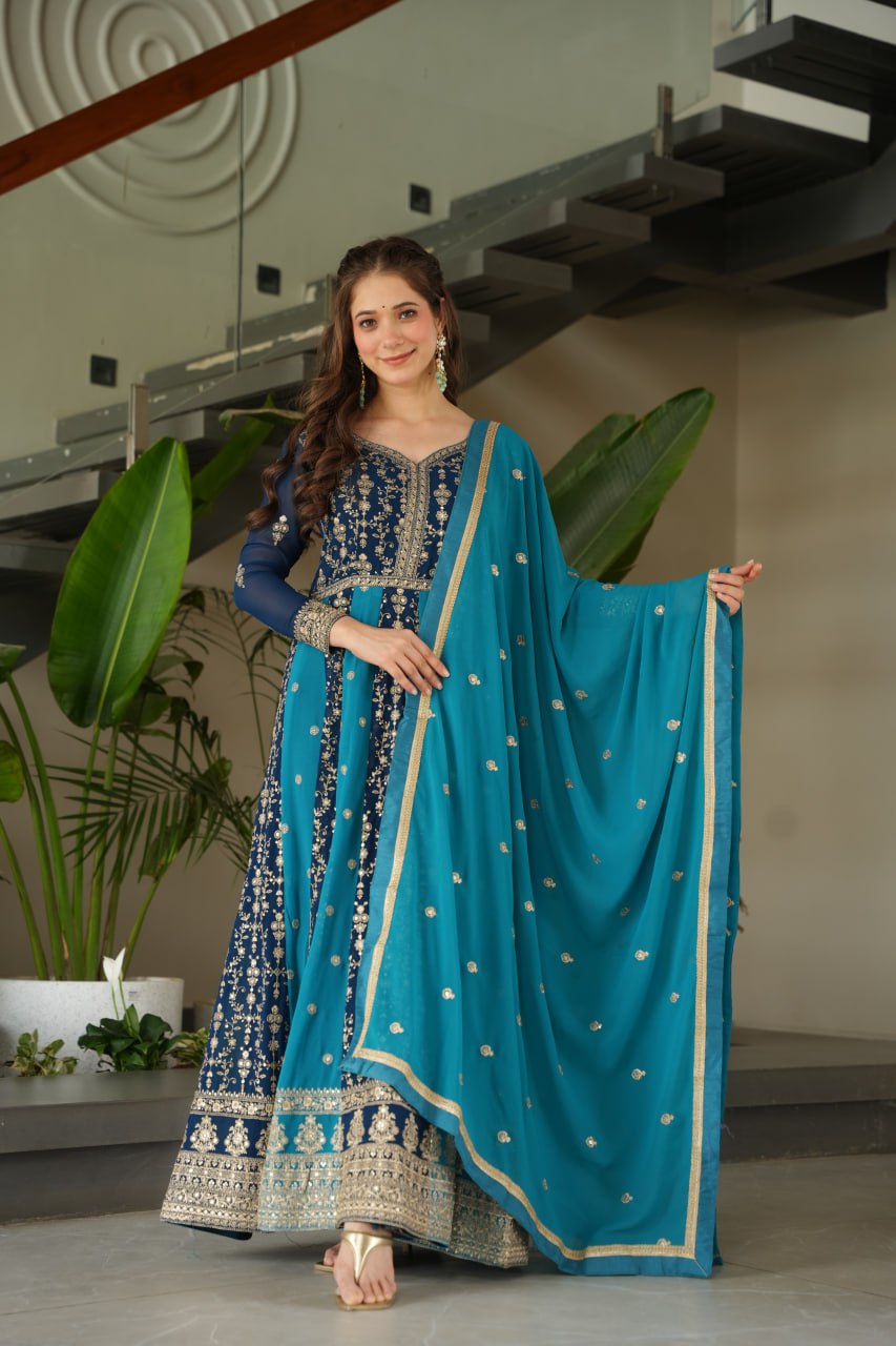 Blue Faux Blooming With Sequins Embroidered Work Luxury Gown