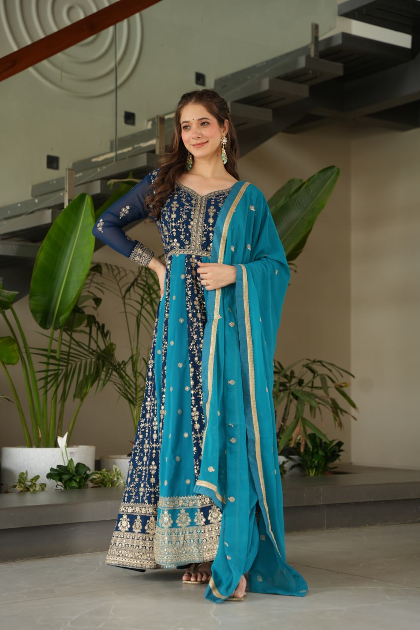 Blue Faux Blooming With Sequins Embroidered Work Luxury Gown