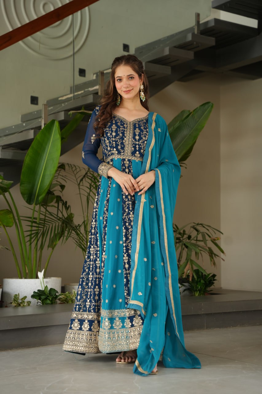 Blue Faux Blooming With Sequins Embroidered Work Luxury Gown