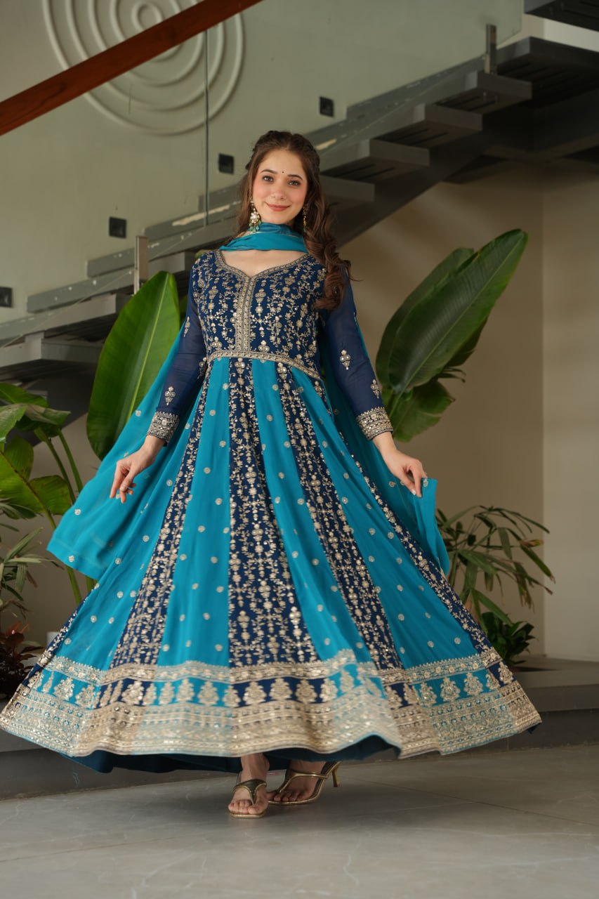 Blue Faux Blooming With Sequins Embroidered Work Luxury Gown