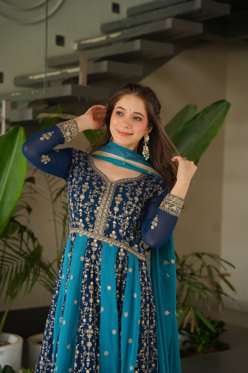 Blue Faux Blooming With Sequins Embroidered Work Luxury Gown