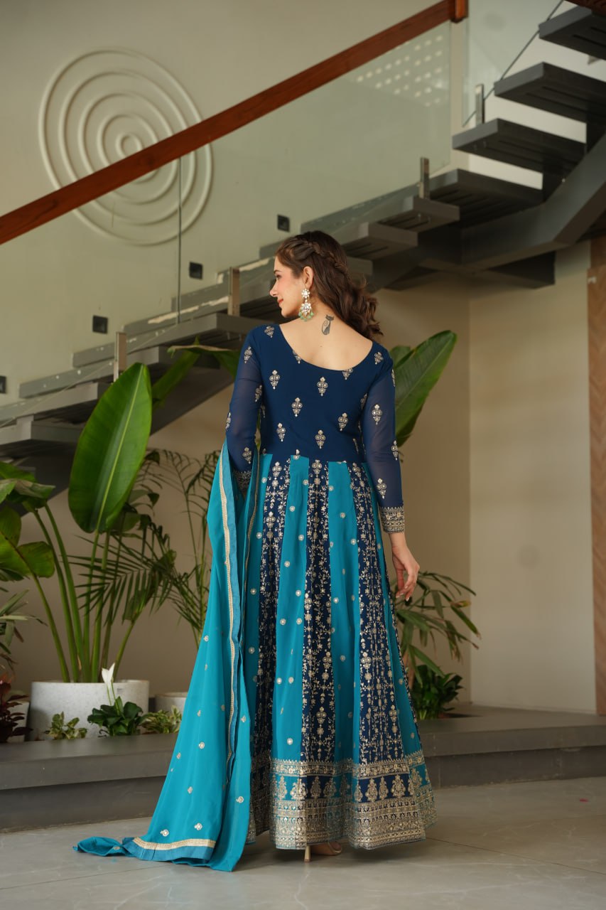 Blue Faux Blooming With Sequins Embroidered Work Luxury Gown