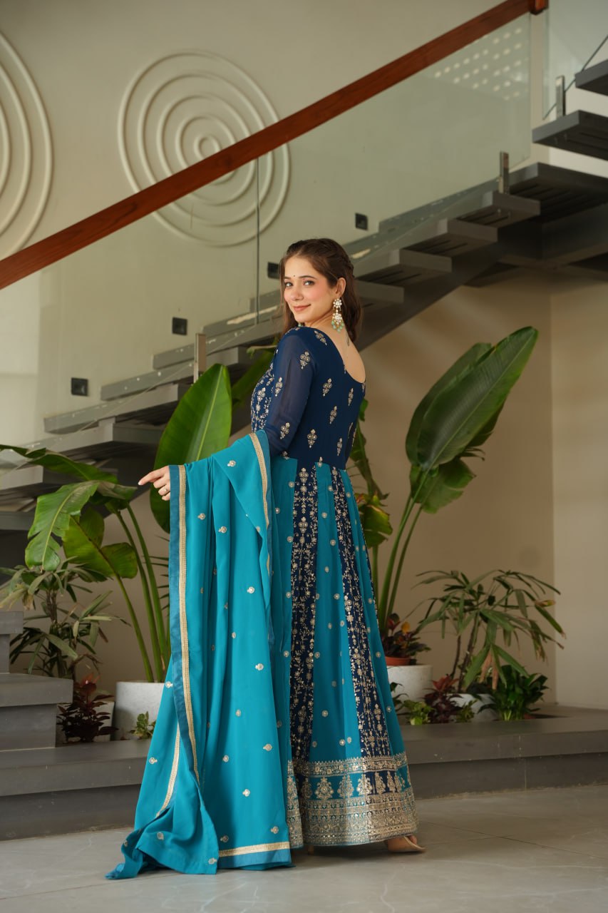 Blue Faux Blooming With Sequins Embroidered Work Luxury Gown