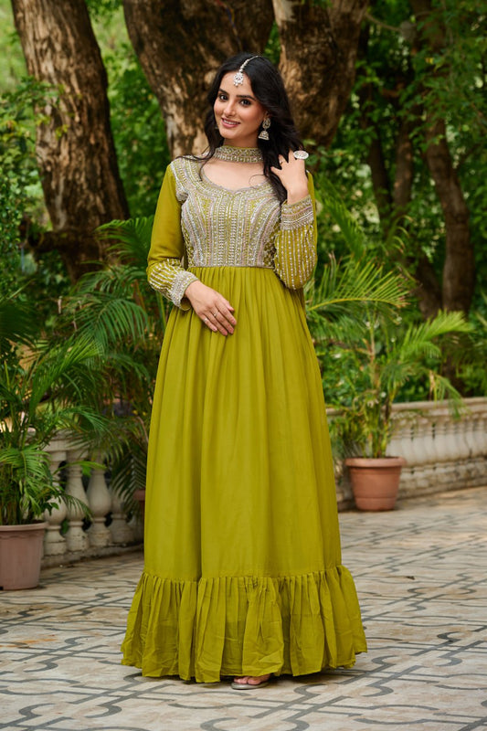 Parrot Embroidery Zari Sequins Round Neck Work Gown