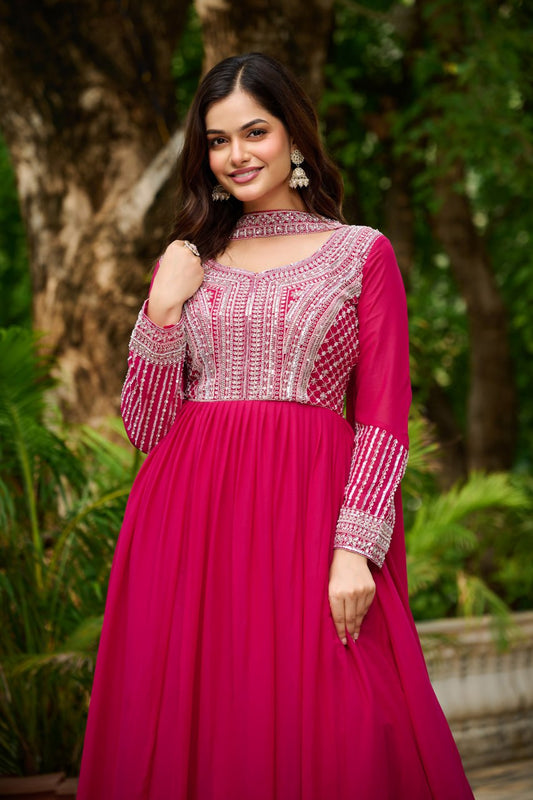 Pink Embroidery Zari Sequins Round Neck Work Gown