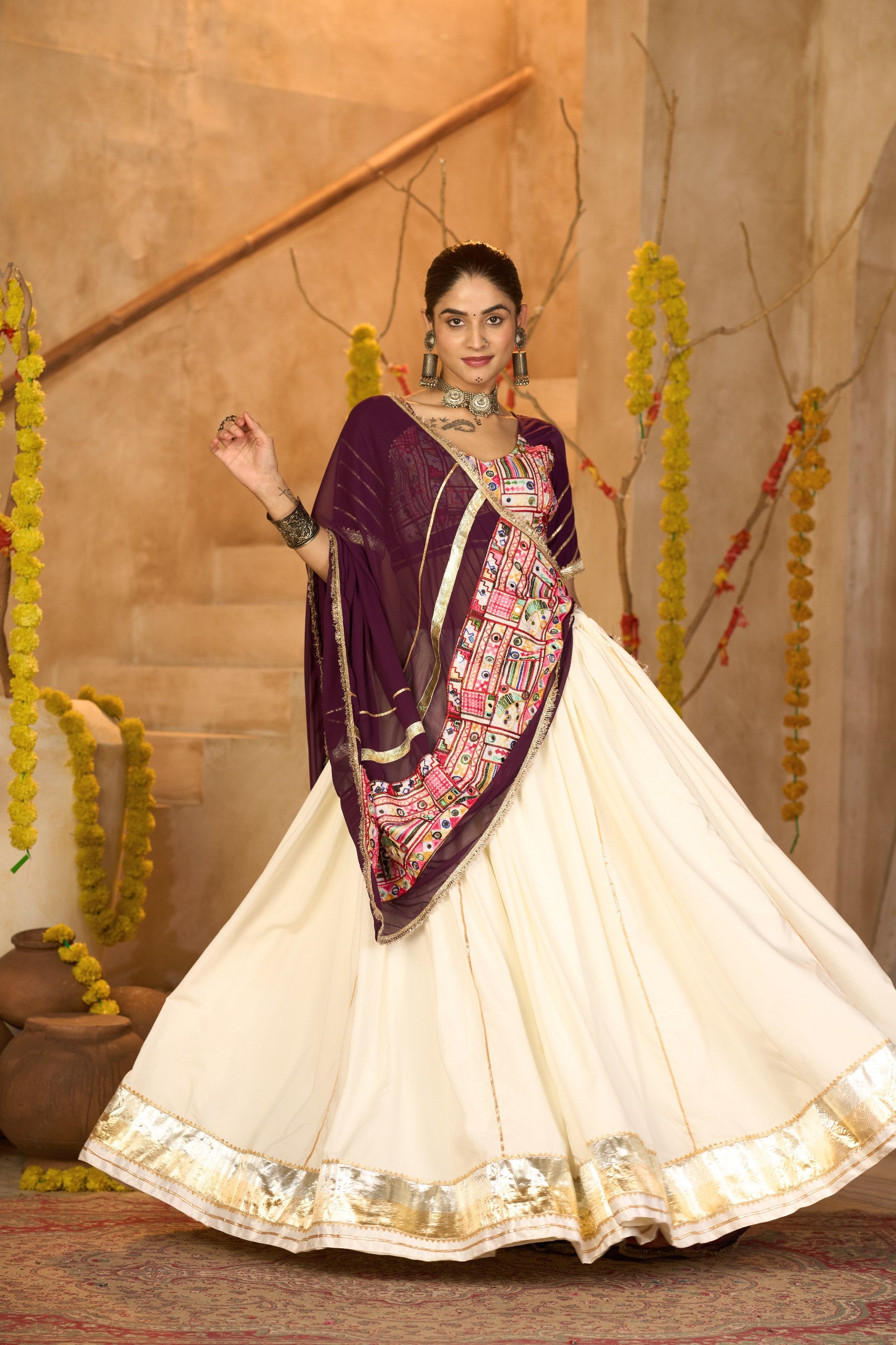 Off-White & Purple Crepe Navratri Lehenga Choli with Gota Patti Lace, Embroidery & Mirror Work