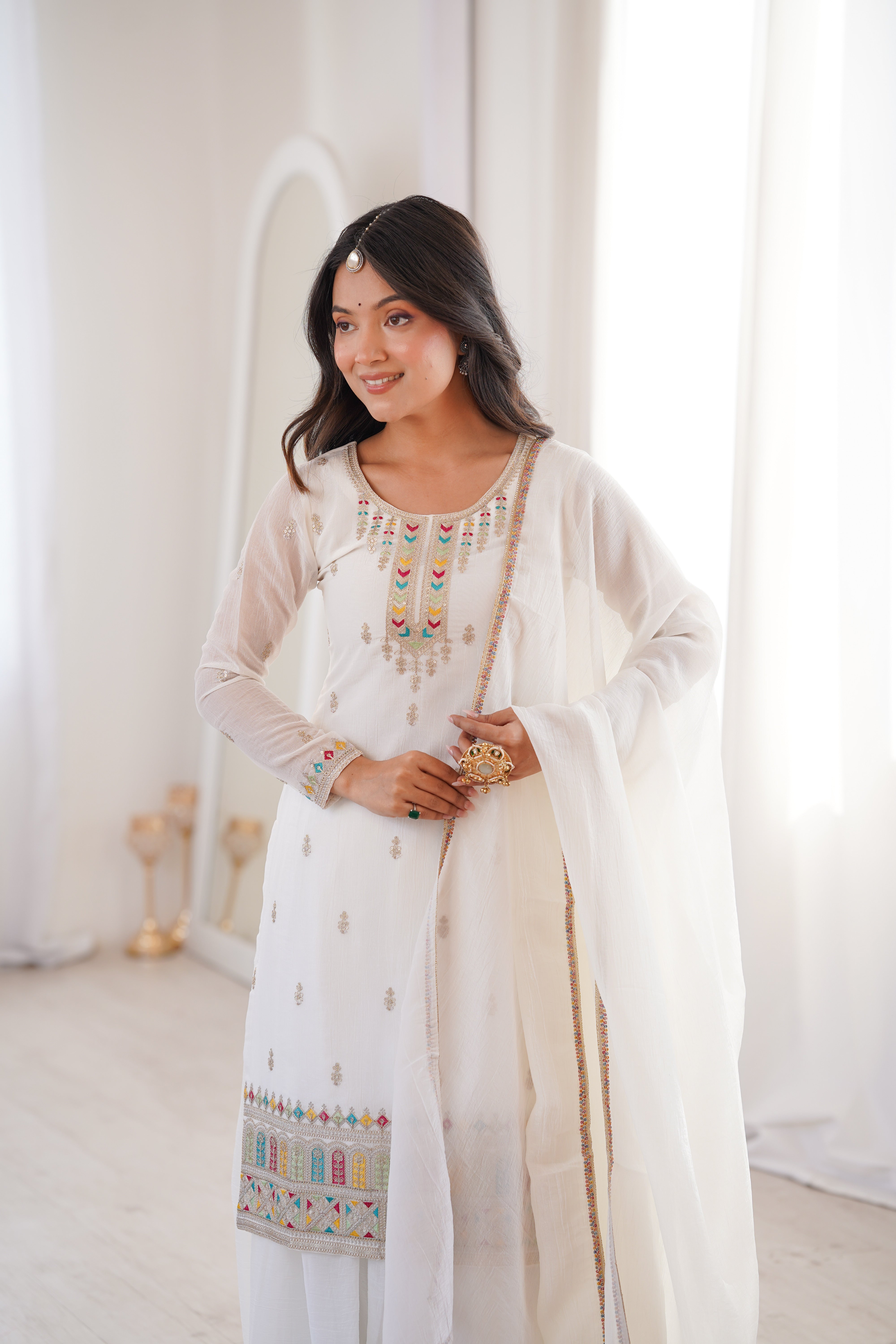 White Pure Soft Silk Fancy Embroidery Sequence & Jari Work Sharara – Designer Festive Sharara Suit