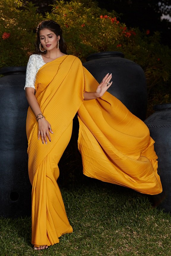 Yellow Color Plitting Work Sarees