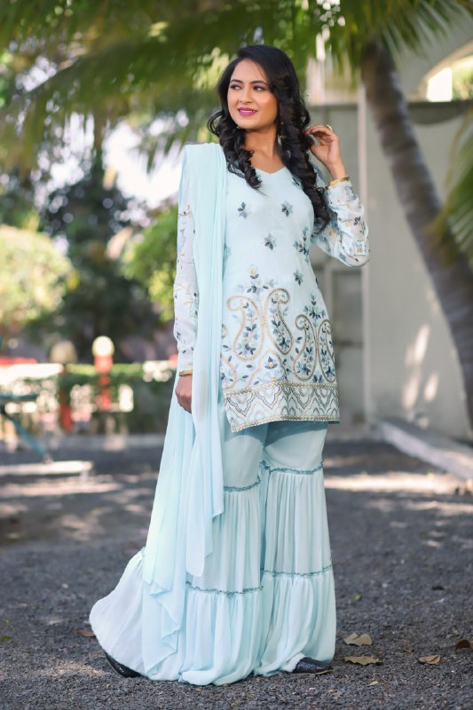 Sky Blue Georgette Embroidery Thread Zari Work Party Wear Sharara Top