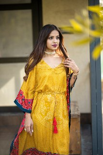 Mustard Color Digital Bandhej Print Pure Gaji Silk Kaftan With Gota Patti Work Lace Border Gown