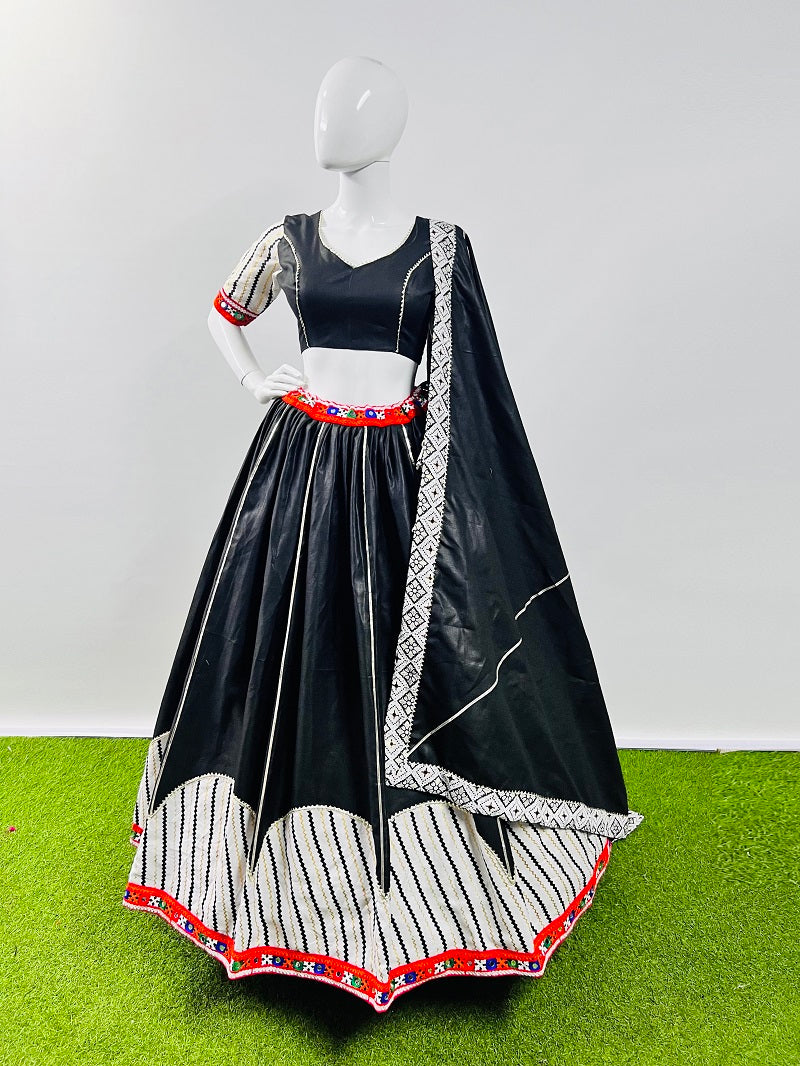 Black Pure Cotton Silk Printed With Gotta Patti and Gamthi Lace Work Navratri Lehenga Choli