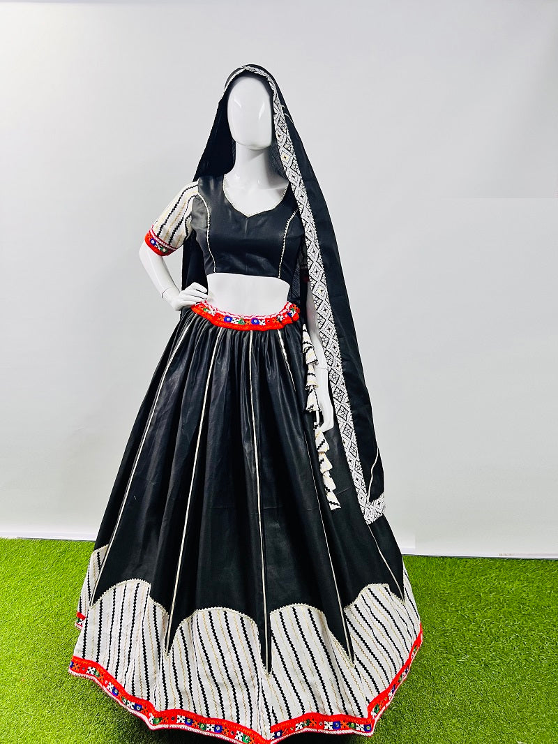 Black Pure Cotton Silk Printed With Gotta Patti and Gamthi Lace Work Navratri Lehenga Choli