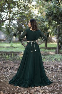 Hunter Green Georgette Heavy Embroidery Zari Swquence Work Gown Full Stitch