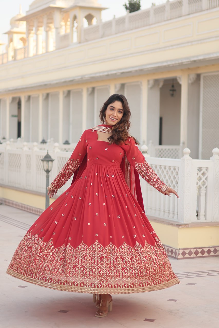 Orange Red Colour Faux Georgette With Sequins Embroidered Work Gown With Dupatta