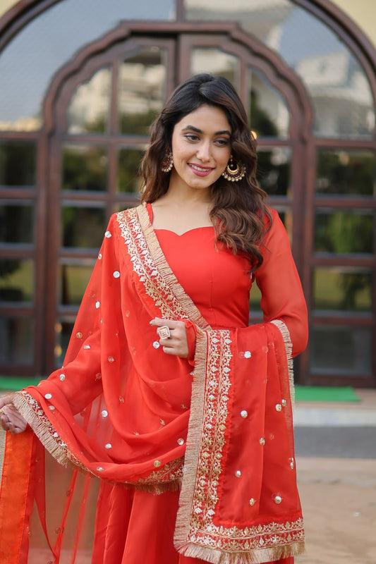 Orange Russian Silk Gown Dupatta With Attractive Embroidered Sequins Work With Lace Border