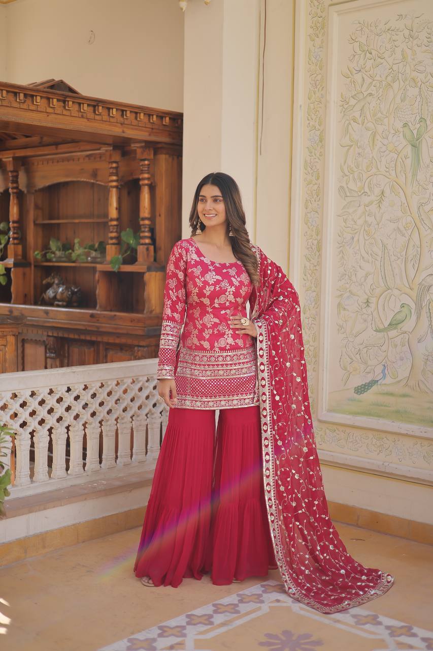 Rani Pink Viscose Jacquerd Sequins And Zari Embroidered Work Top Gharara With Dupatta