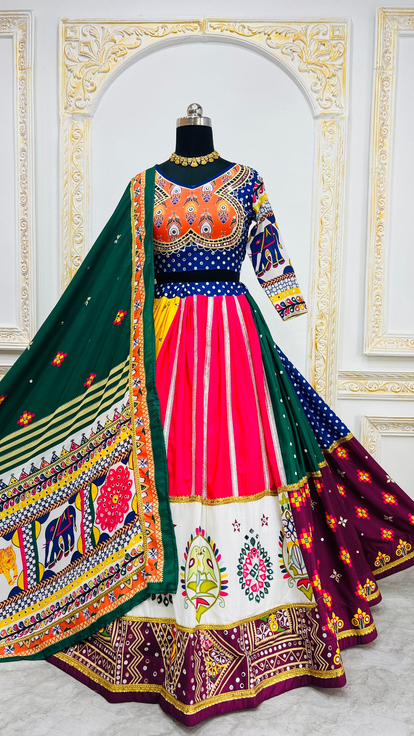 Multicolor Digital Print Real Mirror Work Navratri Lehenga Choli