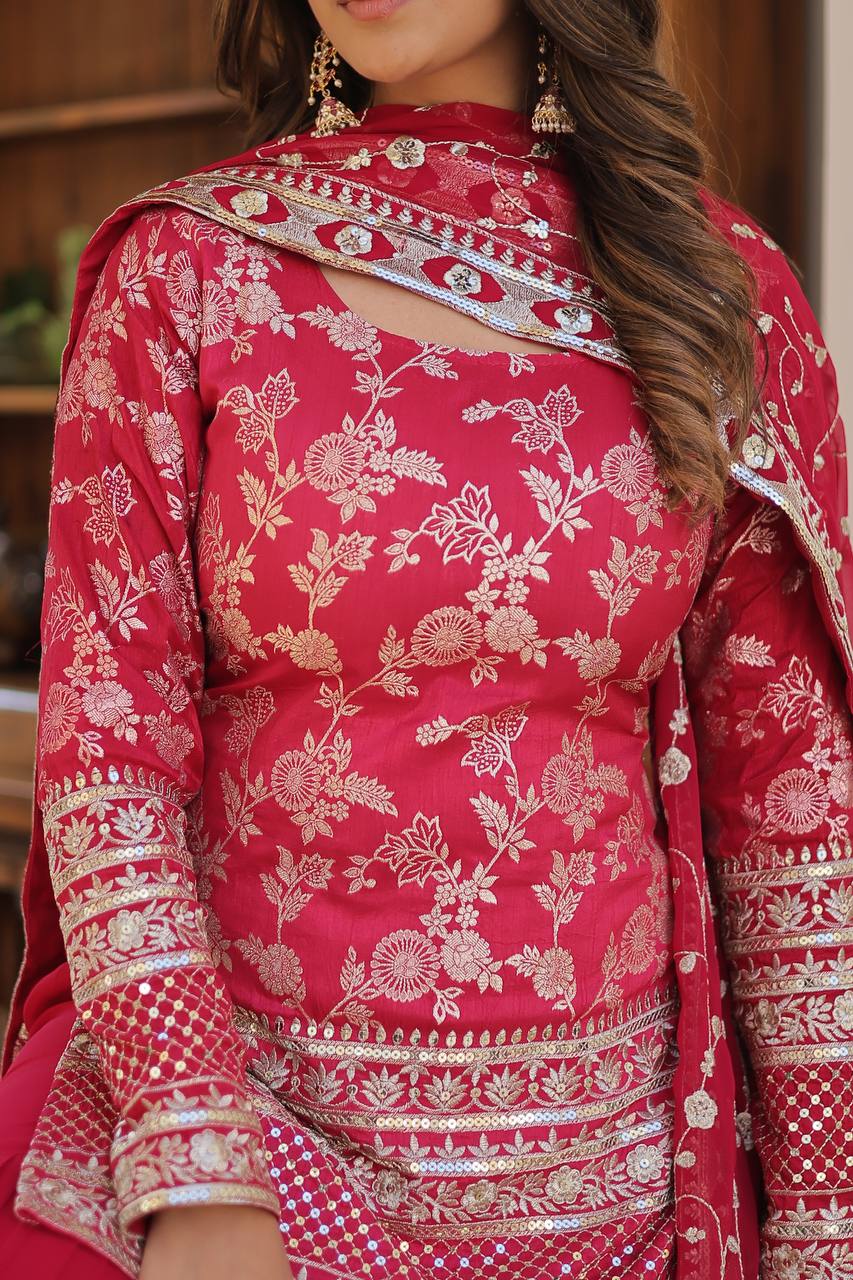 Rani Pink Viscose Jacquerd Sequins And Zari Embroidered Work Top Gharara With Dupatta