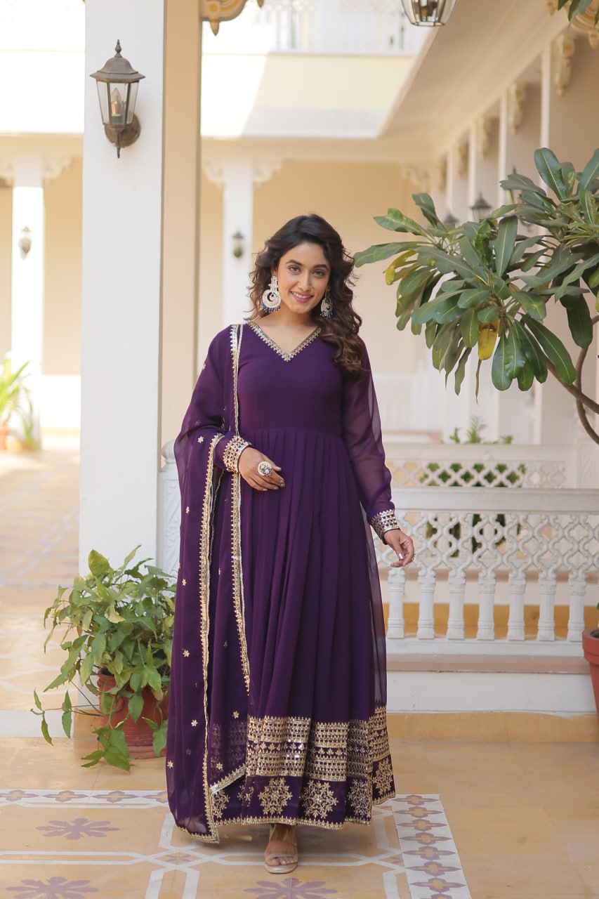 dress wine colour Wine Colour Faux Blooming Gown With Dupatta With Attractive Embroidere – The Beauty Queen