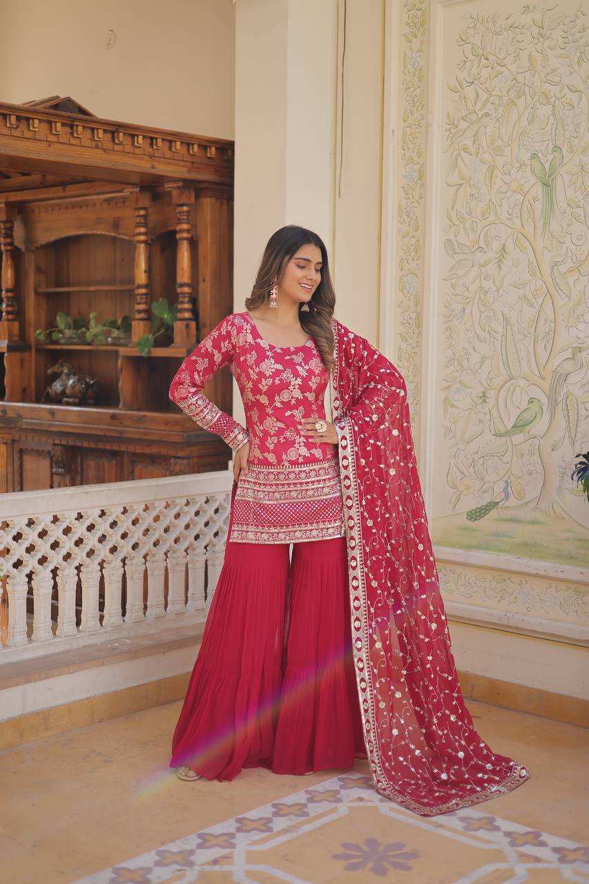 Rani Pink Viscose Jacquerd Sequins And Zari Embroidered Work Top Gharara With Dupatta