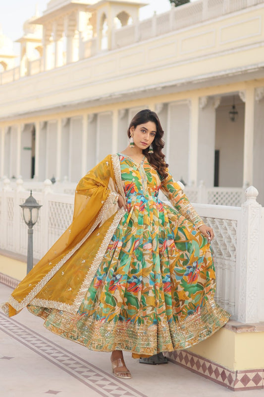 Green Multi Colour Digital Printed Russian Silk With Embroidery Zari Sequins Work Gown