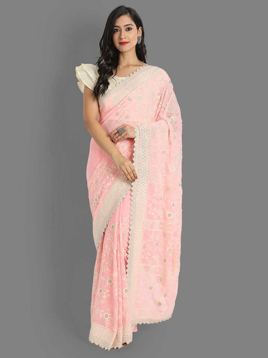 Light Pink Colour Faux Georgette Beautiful Lakhnavi Work Saree