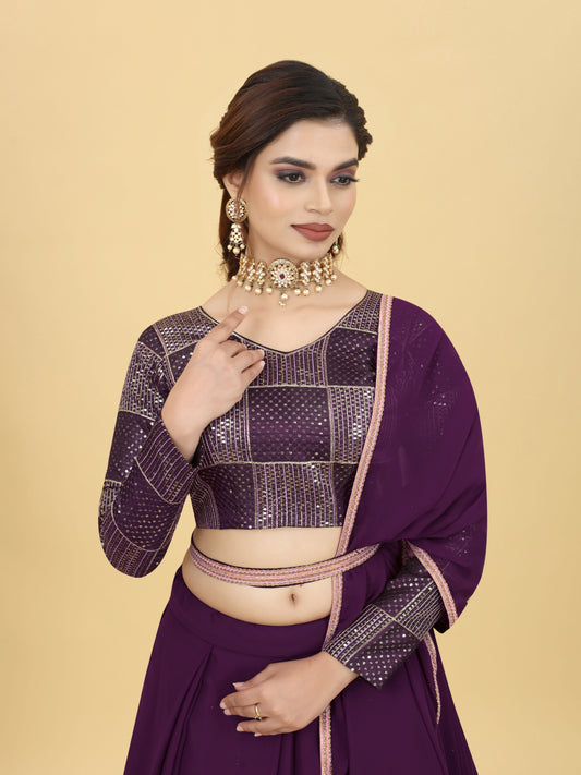 Wine Georgette Heavy Embroidery Thread Sequence Zari Work Semi Stitch Lehenga