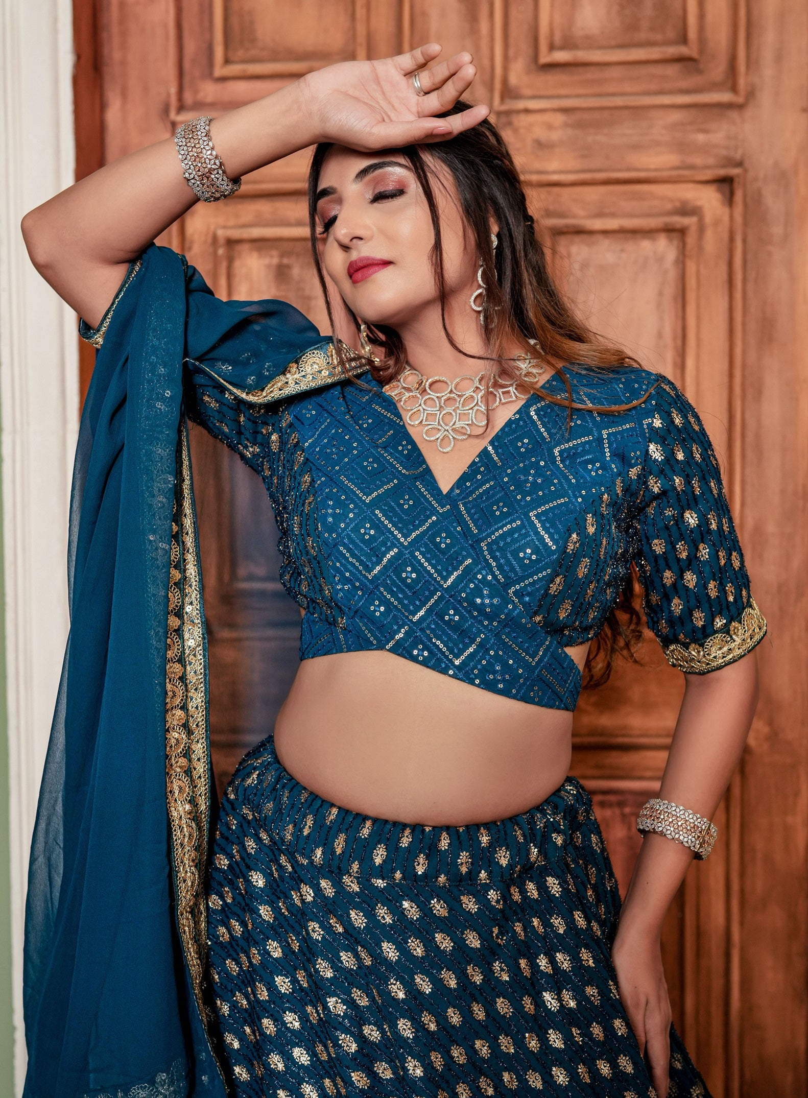Rama Color Queen Heavy Georgette Foil Fur Full Stitched Lahenga Choli