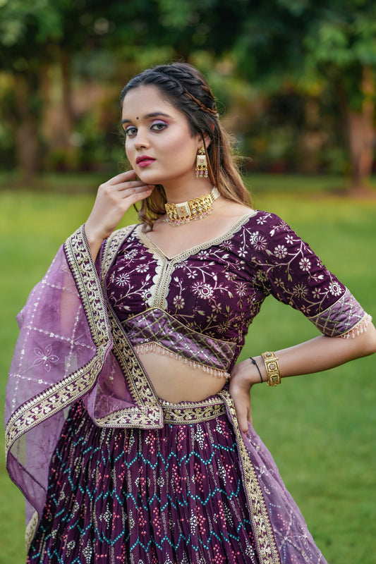 Wine Color Heavy Georgette Fabric Foil Print Embroidery Work Belt Full Stitched Lahenga Choli