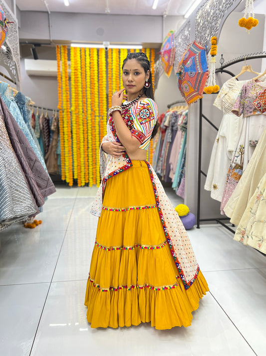 Yellow Color Rayon Heavy Georgette Gamthi Work Mirror Lace Three Star Lehenga Choli