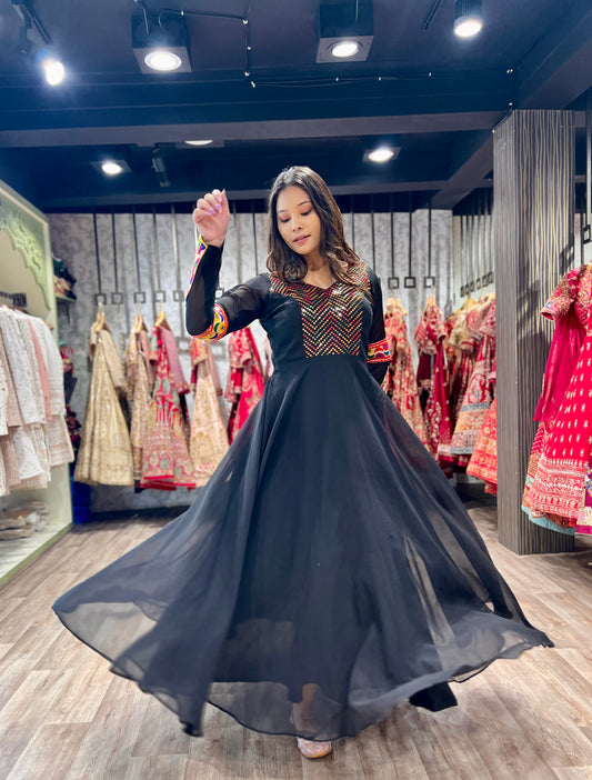 Black Georgette Gamthi Sequence Work Navratri Gown
