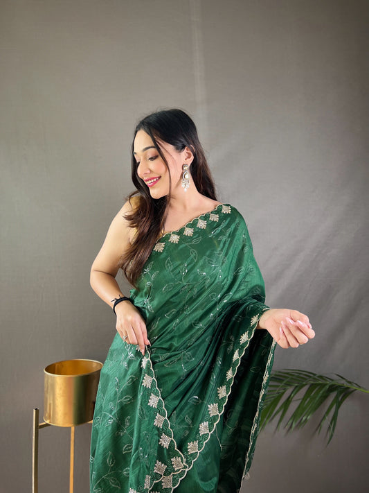 Bee Green Color Floral Embroidered Silk Blend Saree