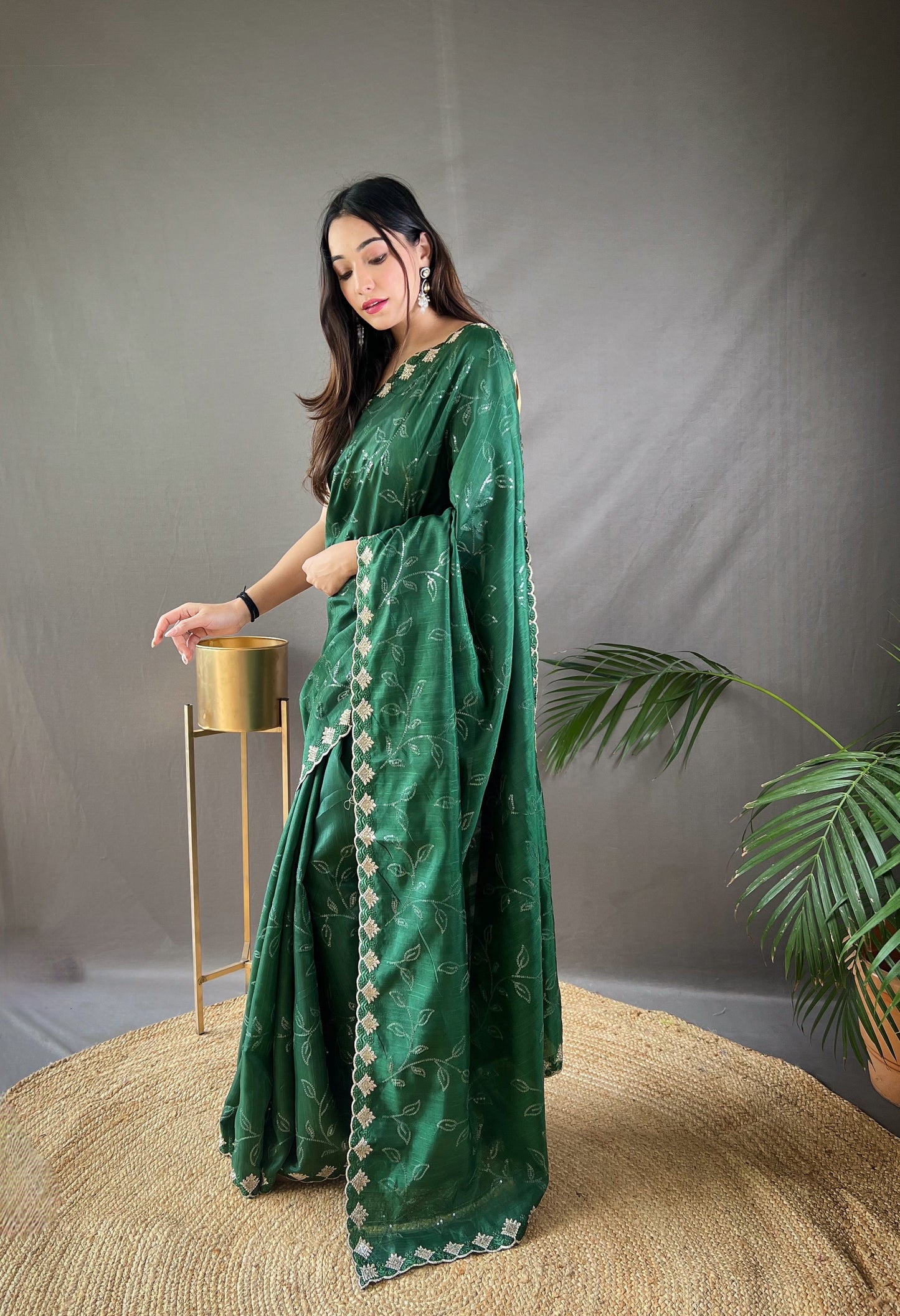 Bee Green Color Floral Embroidered Silk Blend Saree