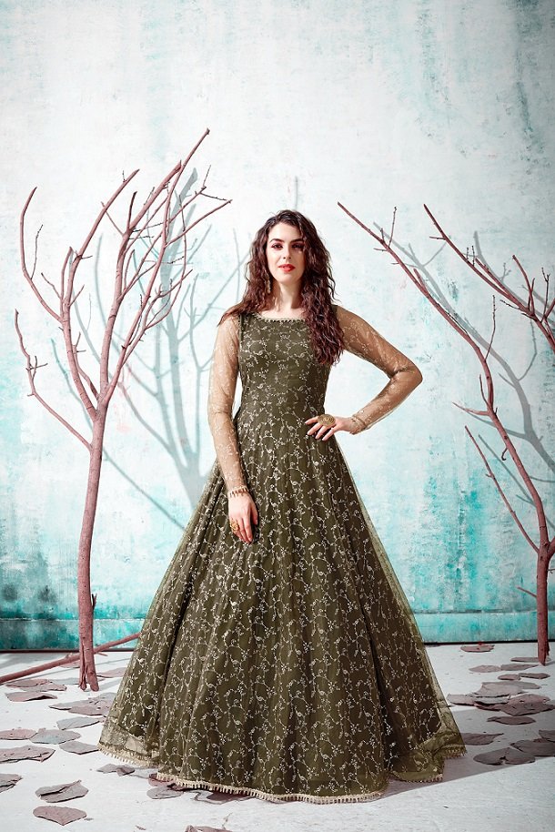 Olive Green NET Fabric Foil Printed Gown Collection The Beauty Queen Olive Green NET Fabric Foil Printed Gown Collection The Beauty Queen