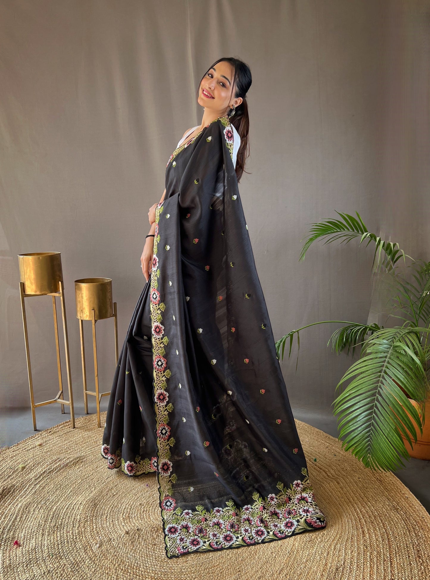 Black Pure Tussar Silk Embroidery Work Saree
