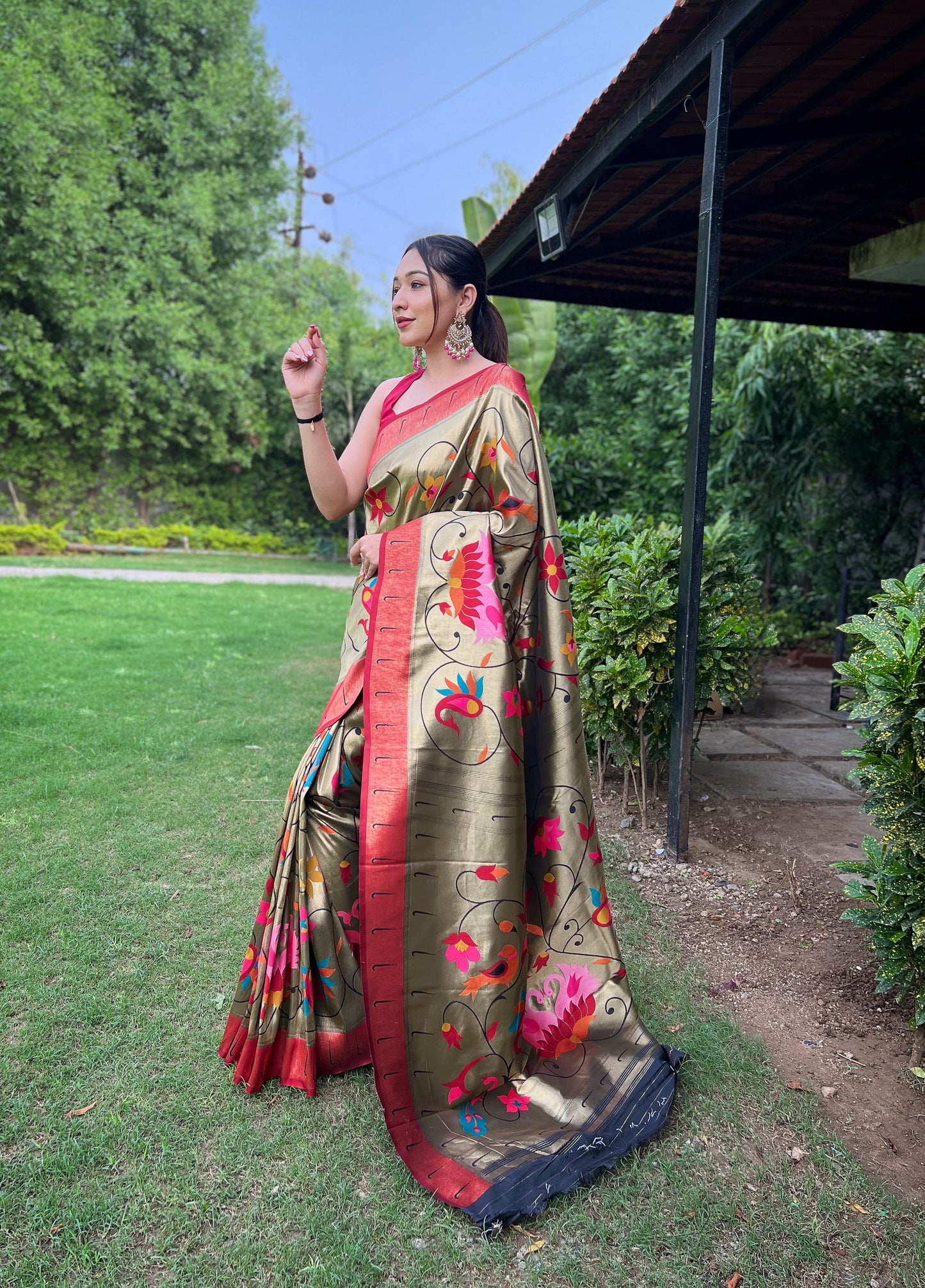 OLIVE GREEN PURE PAITHANI WITH ALL OVER ZARI AND MEENAKARI WEAVES SAREE