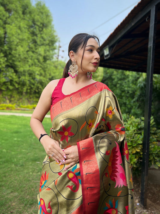 OLIVE GREEN PURE PAITHANI WITH ALL OVER ZARI AND MEENAKARI WEAVES SAREE