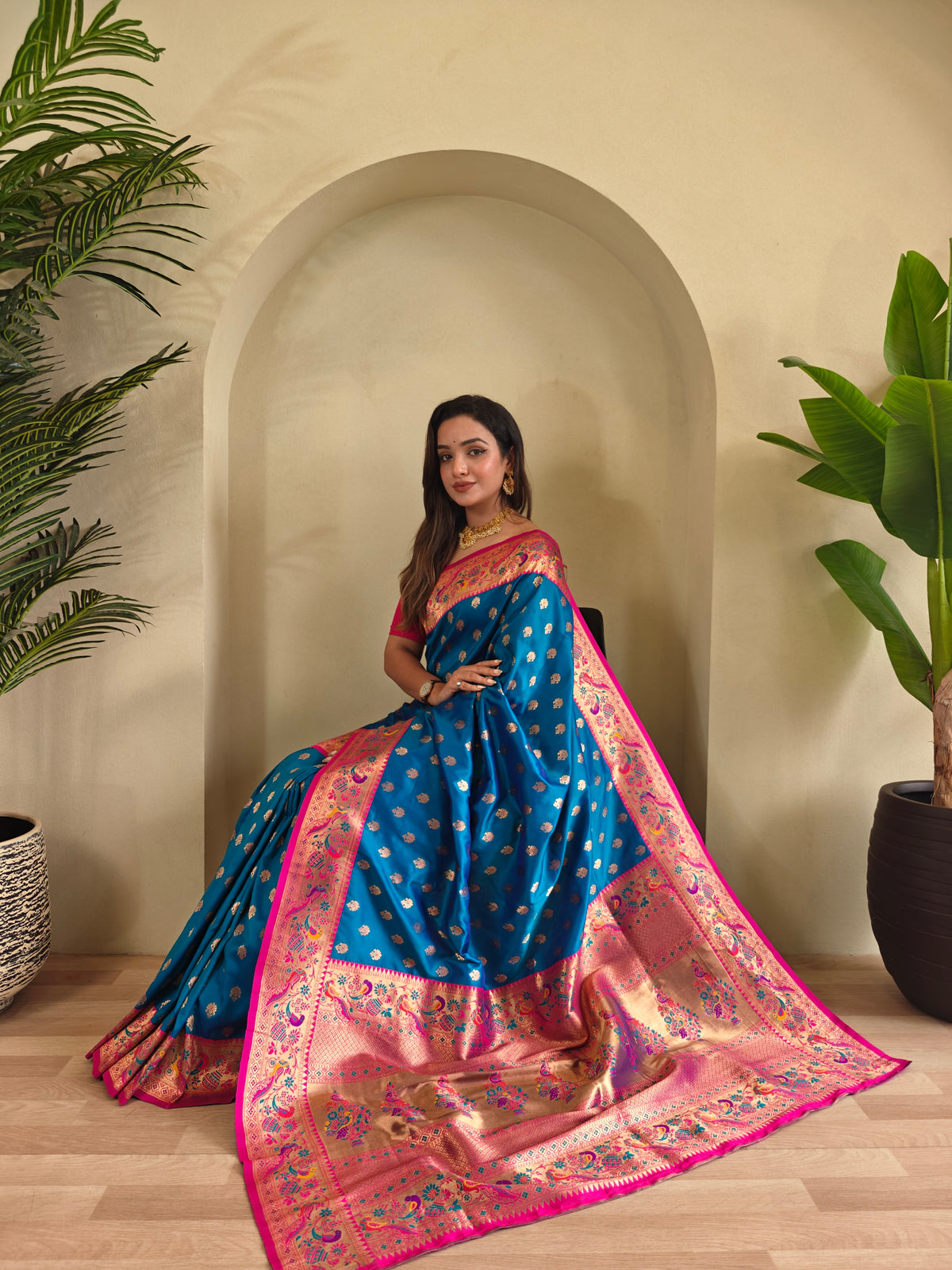 Sea Blue & Rani Pink Ethnic Motifs Woven Design Silk Saree With Woven Design Border