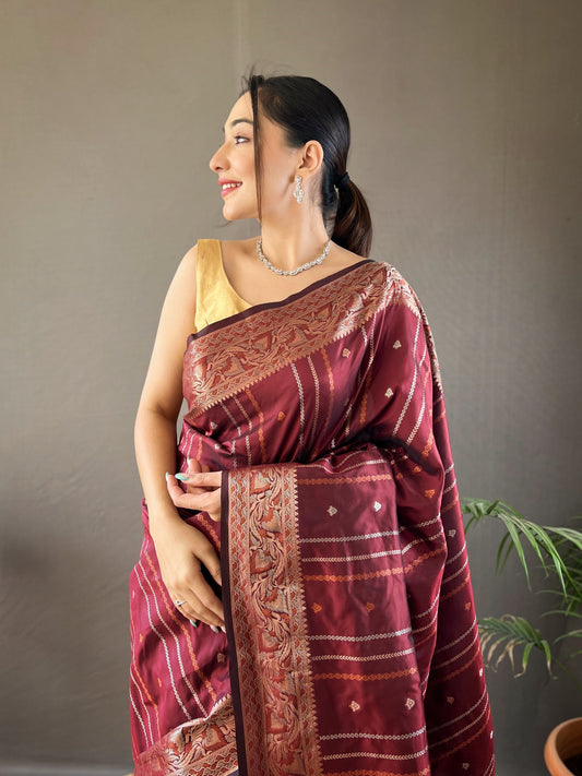 Brown Zari Woven Lining Zari Weaving Design Banarasi Saree